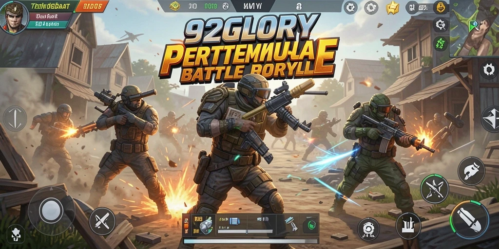 Screenshot utama menampilkan aksi intense dalam pertempuran Battle Royale.