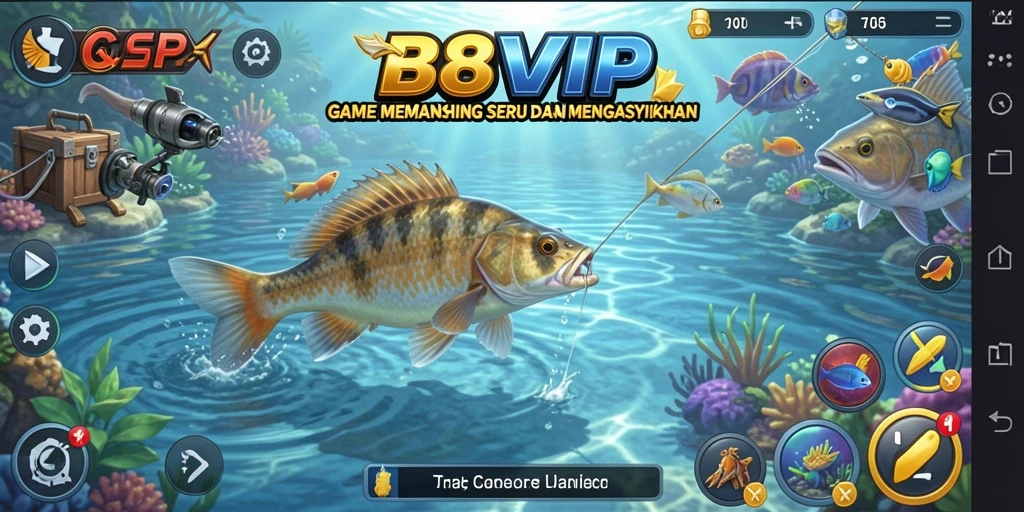 Tampilan gameplay B8VIP yang menampilkan berbagai jenis ikan dan lokasi memancing.
