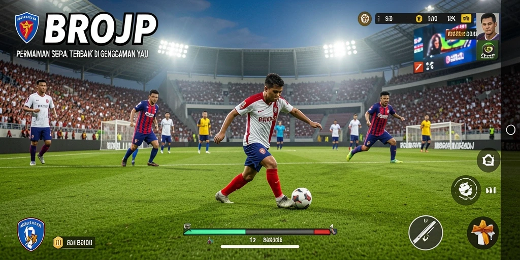 Screenshot gameplay BROJP menunjukkan aksi sepak bola yang mendebarkan.