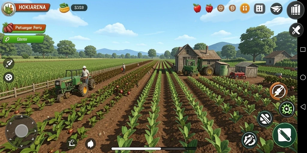 Screenshot gameplay HOKIARENA menampilkan ladang yang subur dan aktifitas bertani.