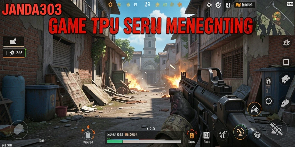 Screenshot gameplay JANDA303 dengan aksi pertempuran TPS yang menegangkan.