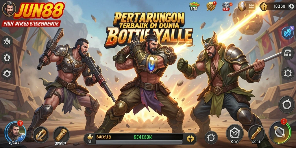 Tangkapan layar utama JUN88 menonjolkan pertempuran epik dalam Battle Royale.