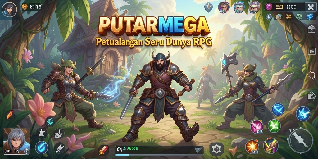 Screenshot gameplay PUTARMEGA menampilkan karakter dalam pertempuran seru di dunia fantasi.