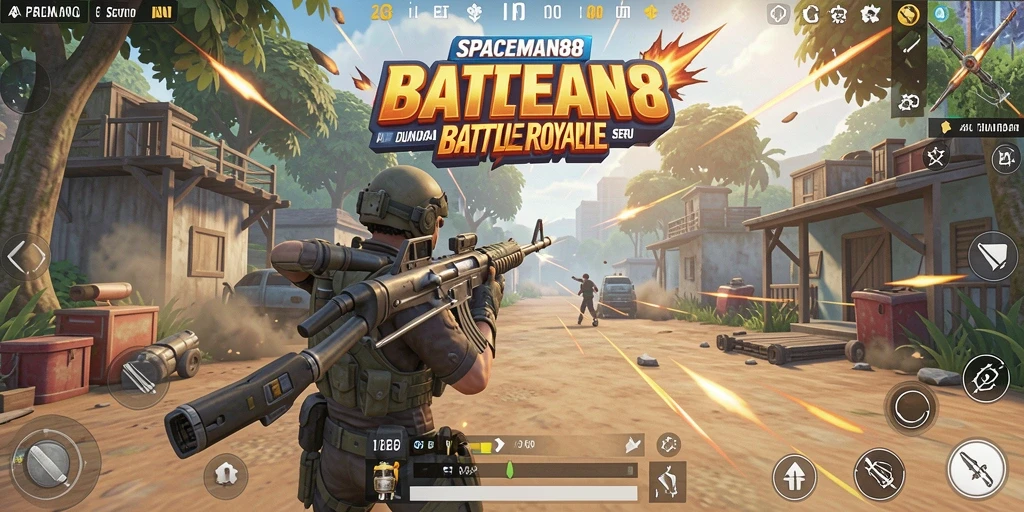 Tangkapan layar menunjukkan aksi seru dalam SPACEMAN88 di arena Battle Royale.