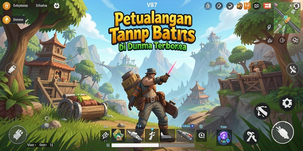 Screenshot gameplay V87 menampilkan petualangan epik di dunia terbuka.