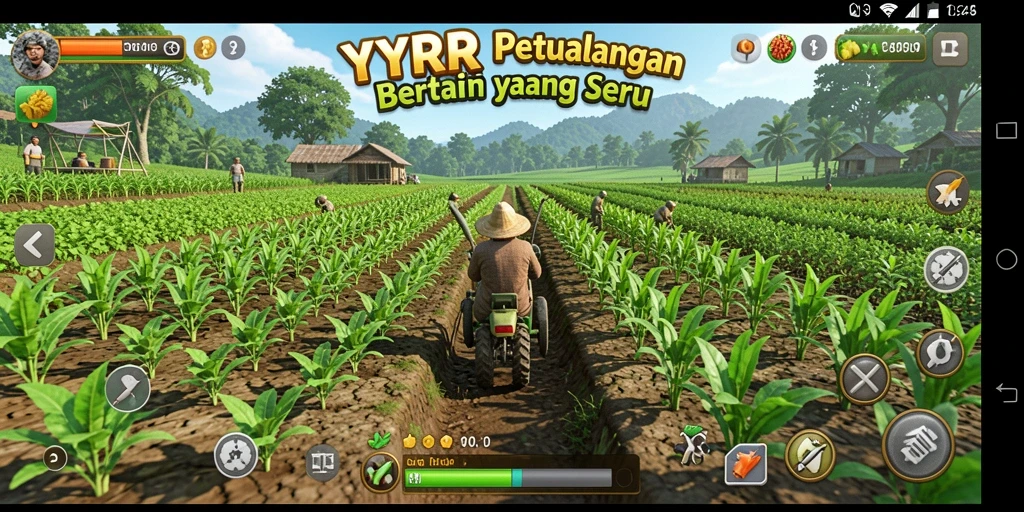 Tampilan gameplay <strong>YYRR</strong> dengan ladang yang subur dan hewan ternak.